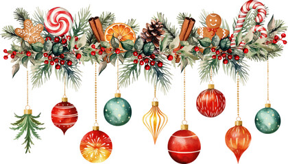 christmas decoration with balls and fir branch ornament watercolor vector illustration