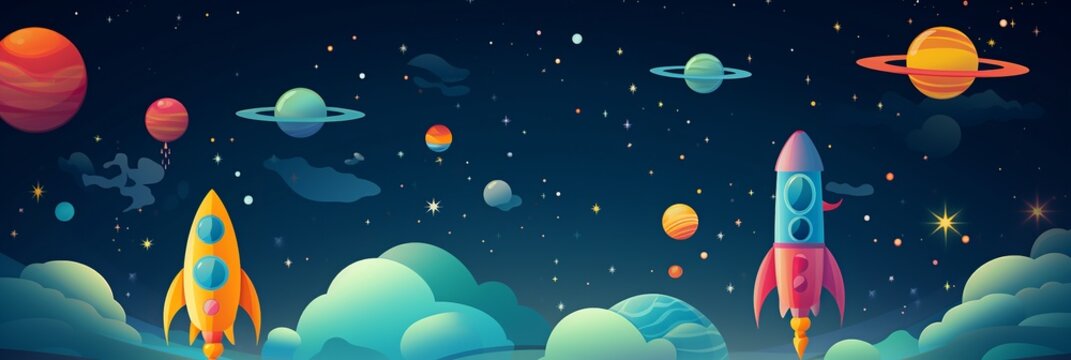 Journey through the stars with this dynamic kids' wallpaper, featuring lively rockets in an innovative flat design. Bursting with color and imagination, this design propels youthful spaces
