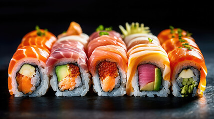 A closeup magazine quality shot of freshly made sushi rolls, AI Generated