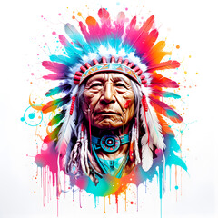 Old native american indian in the style of electric dream isolated on white background