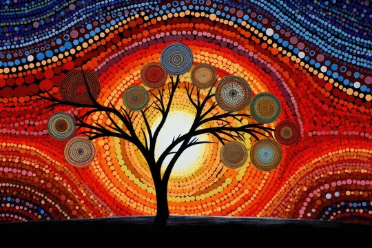 Tree And Sunset, Aboriginal Dot Painting