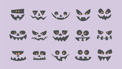 Set of scary monster faces. Vector black carving ghost masks for party, event, card, banner, invitation, sticker