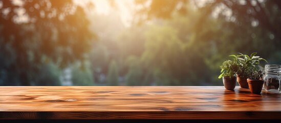 Wooden table top against blurred kitchen window background