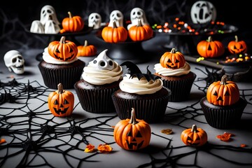 A delightful display presents a Group of Halloween cupcakes and decorations. The cupcakes, each adorned with intricate designs of spiders, ghosts, and pumpkins, sit atop a table covered in a black tab