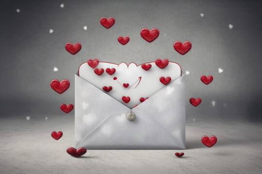 A white envelope with a heart - shaped lid is filled with a small amount of red hearts