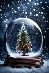 Fototapeta na wymiar A festive scene comes to life within a snow globe. A beautifully decorated Christmas tree stands proudly at the center, adorned with twinkling lights and colorful ornaments