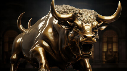 A massive bronze bull serves as the symbol of the Bull Market on the stock exchange, representing the rise of the stock index and the economy, Generative AI - obrazy, fototapety, plakaty