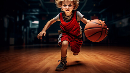 little boy playing basketball in the yard - obrazy, fototapety, plakaty