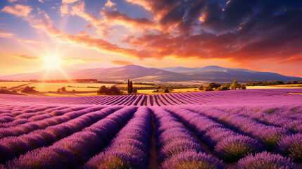 Beautiful lavender field. Sunset hour 