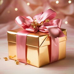 Beautiful pink and golden gift packaging with lights in the background