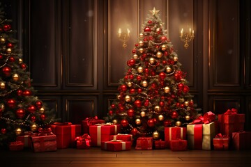 Fototapeta na wymiar Merry Christmas holiday celebration greeting card background - Christmas tree with red noble luxurious christmas ornaments, christmas baubles and gibt boxes and presents on floor | Generative AI