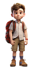 happy, smiling caucasian boy, cartoon character - back to school, education, learning concept on transparent background