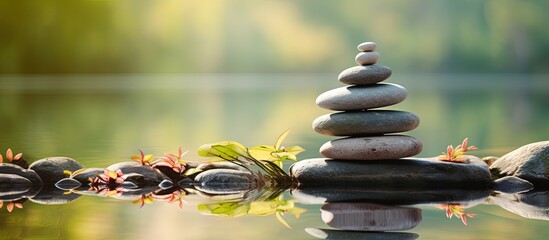 Zen like outdoor scene with balanced pebble stones evoking calmness and tranquility