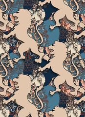  Seamless pattern with lion and bug on the light background