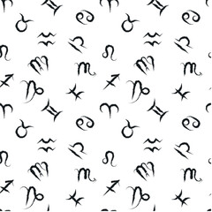 Zodiac signs pattern with black lines, hand drawing.  Aries, Taurus, Gemini, Cancer, Leo, Virgo, Libra, Scorpio, Sagittarius, Capricorn, Aquarius, Pisces