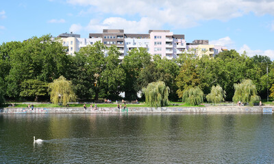 Berlin, Germany, August 10, 2023, summer view over the Landwehrkanal to the housing estate at Böcklerpark