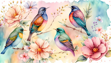Spring background with flowers and birds in watercolour style