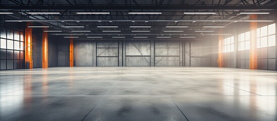 Future factory with polished concrete floor spacious display area for industrial products and a modern industrial background - obrazy, fototapety, plakaty