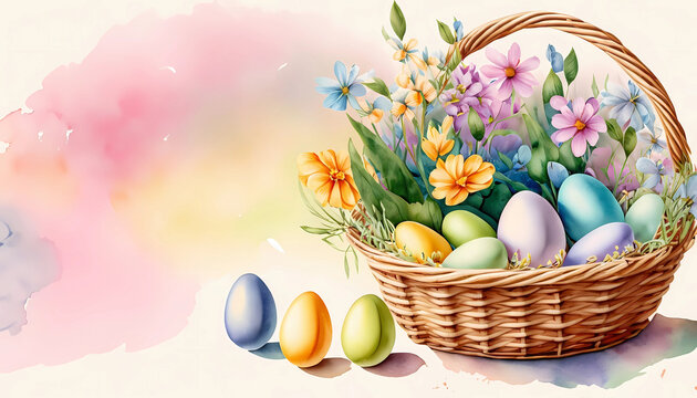 Busket with Easter eggs and spring flowers with copy space in pastel watercolour style