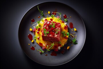 Gourmet tuna fish dish on a plate in restaurant - obrazy, fototapety, plakaty