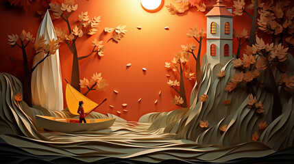 Lady in red on a sailing boat with orange sails in a pieceful autumn scene, in the style of paper cut shapes and layered paper