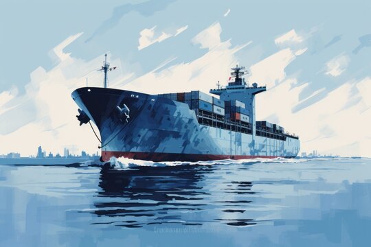 Painting of a container ship on the ocean