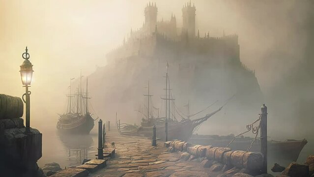 Animated Background. Tall Ships in the Fog a Medieval Harbor with Historic Lamp Lit Dock and Ancient Castle. Sci-Fi, Fantasy, Historic, Horror Scene. Streaming / Vtuber Backdrop. Seamless Loop.