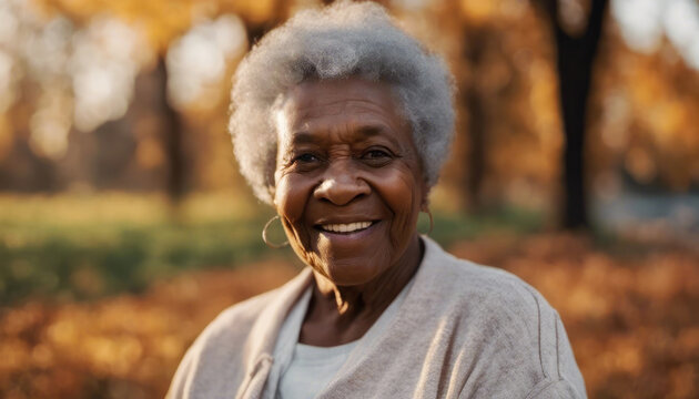 Happy elderly lady outdoors in autumn with copy space