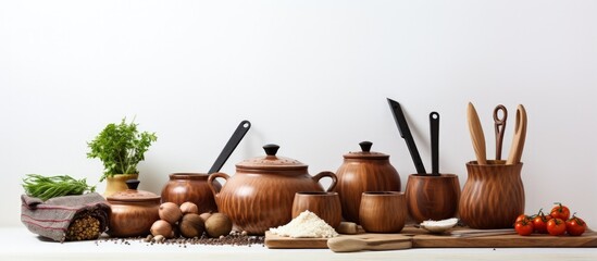 Fototapeta na wymiar Cookware with pots wooden boards
