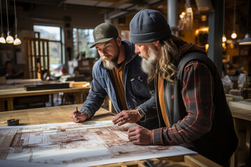 Two Construction Workers Reviewing Blueprints at the Job Site - obrazy, fototapety, plakaty