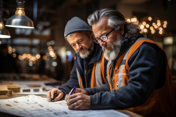 Two Construction Workers Reviewing Blueprints at the Job Site - obrazy, fototapety, plakaty
