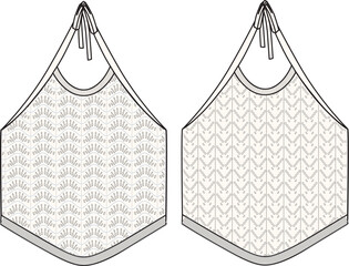 Women's Halter Neck, Dippy Hem Crochet Top- Technical fashion illustration. Front, off-white color. Women's CAD mock-up. - obrazy, fototapety, plakaty