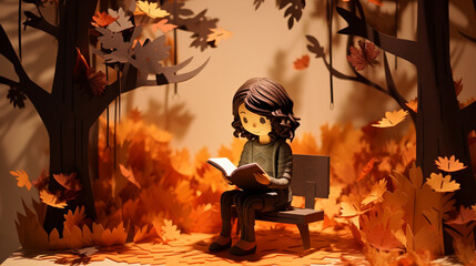 Girl reading a book on a forest bench in autumn, in the style of paper cut shapes and layered paper