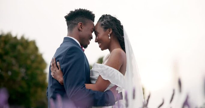 Wedding, dance and happy couple in garden with love, celebration and excited future together. Smile, black man and woman at luxury marriage reception with plants, music and romance at party in nature