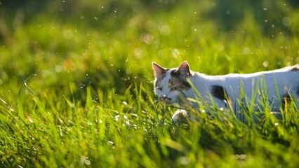Młody mały trzykolorowy kot w plamki skradający się przez trawę na łące oświetlonej słońcem - obrazy, fototapety, plakaty