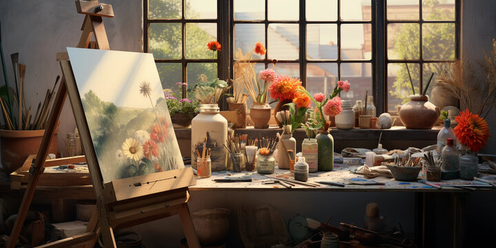 oil paint tubes, various brushes, and a color palette in the foreground, an unfinished canvas on an easel in the background, soft natural light entering from a skylight