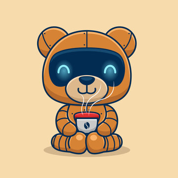 Cute bear robot with coffee cup. Vector cartoon illustration