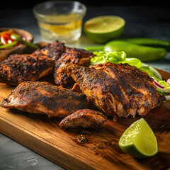 Slices of home-made jerk chicken fillets marinated in jerk seasoning, AI Generated