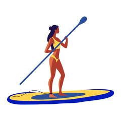 Young woman in a swimsuit swimming on a SUP board vector flat illustration vacation outdoor