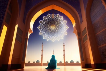 Obraz premium Mosque and shadows. Light rays from mosque window or door. Prayer's vision, generative ai. Muslim art.