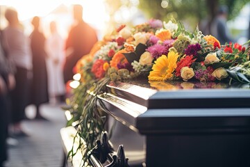 A funeral service with a coffin, flowers, and mourners in a church, symbolizing grief, remembrance, and the celebration of a life passed away. - obrazy, fototapety, plakaty