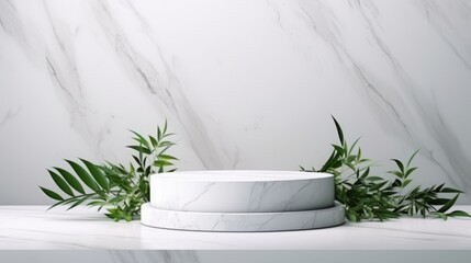 Podium background 3D white marble stand display platform mockup. Stone podium scene summer background 3D render product stage presentation green pedestal plant rock leaf art abstract. Generative AI