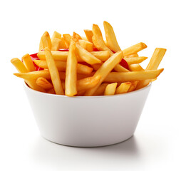 French fries snack food AI image illustration isolated on white background. Delicious tasty popular food concept. American favourite cuisine 