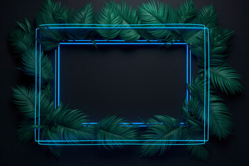 Abstract frame art with neon light and green leaves. Illustration for banner with green tropical leaves on dark background with neon light.