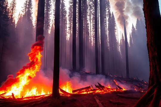 Intense flames from a massive forest fire, generative ai. Flames light up the evening