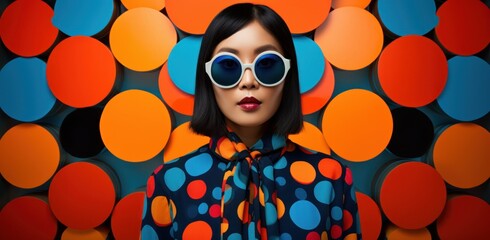 Stylish young Asian woman against a dynamic pop art backdrop, embodying the eclectic vibes of the 60s-70s disco club era with her sleek sunglasses and outfit.