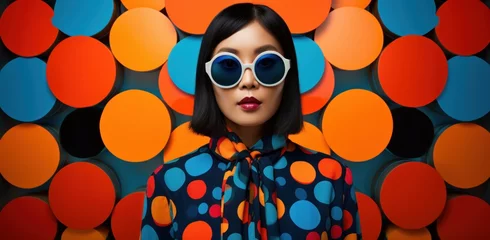 Fotobehang Stylish young Asian woman against a dynamic pop art backdrop, embodying the eclectic vibes of the 60s-70s disco club era with her sleek sunglasses and outfit. © StockWorld