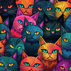 Seamless repeating patterns of crazy colorful cats AI Generated