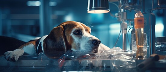 Beagle receiving IV therapy at vet clinic with saline solution and vitamins via vein Close up of saline tube