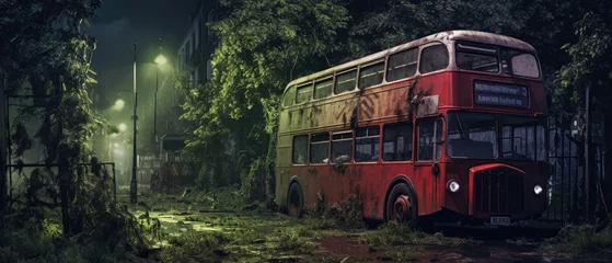 Schilderijen op glas red bus double decker london post apocalypse landscape game wallpaper photo art illustration rust © Wiktoria